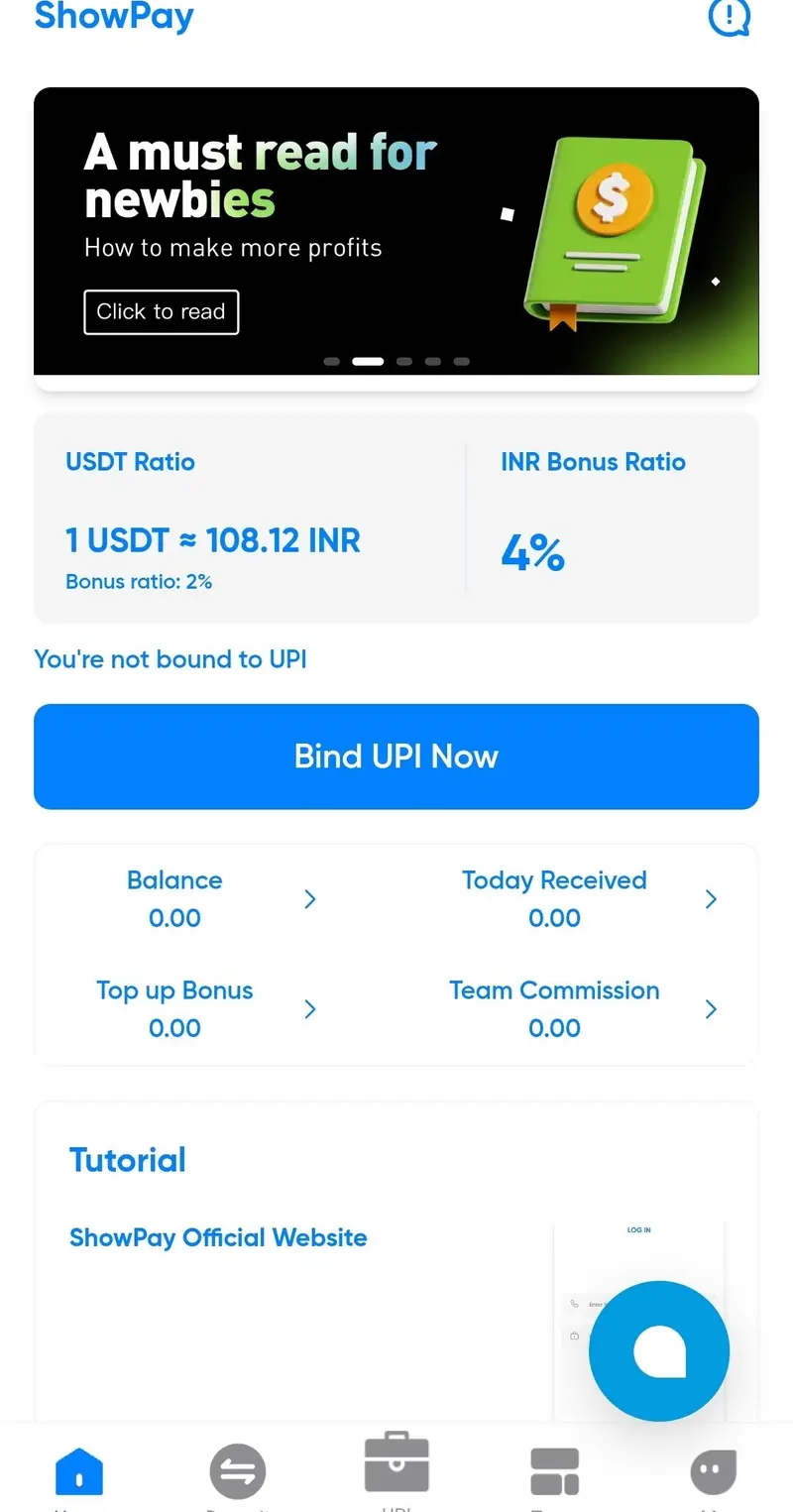 ShowPay home screen with USDT ratio, balance, top-up and team overview