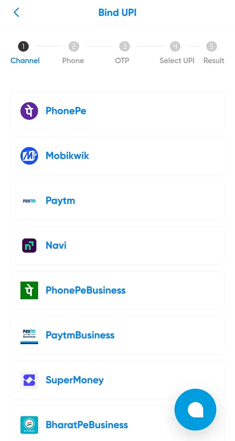 ShowPay payment account setup screen and supported channel choices