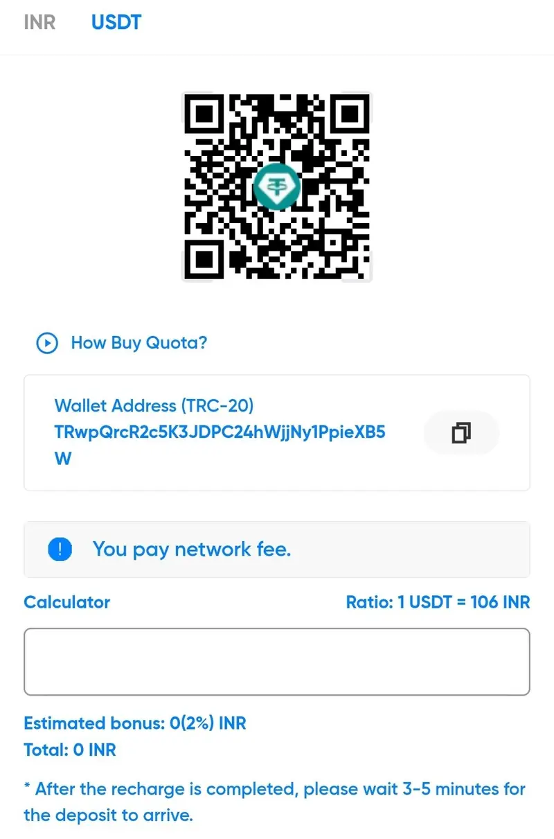 Example USDT deposit interface in ShowPay