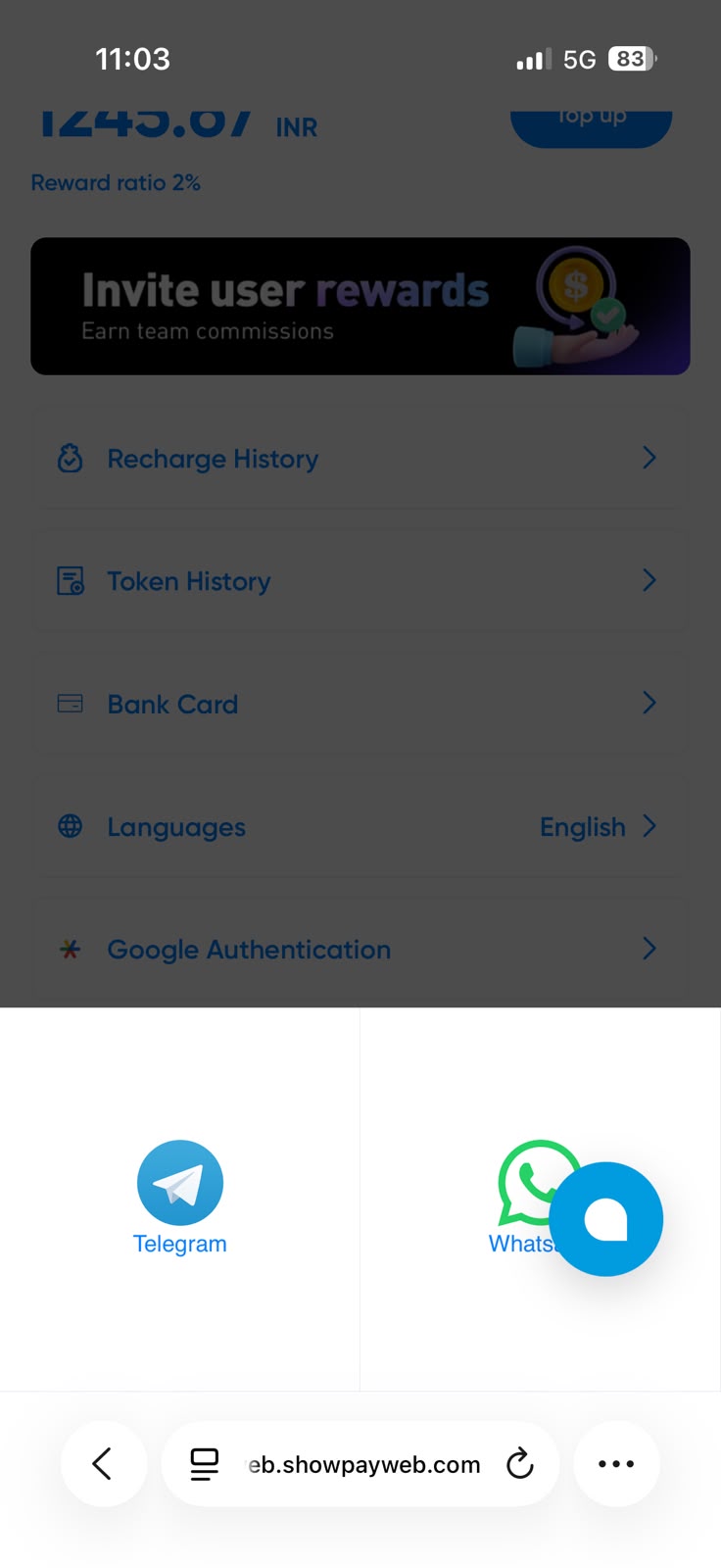 Contact panel shown over the ShowPay profile screen